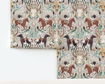 Western Cowgirls – Nicht-vorgekleisterte Tapete mit Reitermotiven, Boho-Stil und Freiheit – Abenteuer im Wilden Westen von gaiamarfurt (Tapete von Spoonflower)