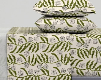 Floral Stripe Sheets - Flowering Vine by holli_zollinger - Dark Moss Green Beige Boho Floral Cotton Sateen Sheet Set Bedding by Spoonflower