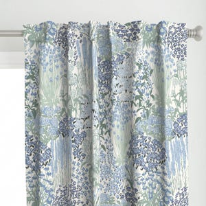 Botanical Meadow Curtain Panel - Garden Bloom by hufton_studio - Blue Flowers Summer Florals Cottagecore Custom Curtain Panel by Spoonflower