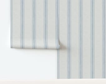 Blue Ticking Stripe Non-Pasted Wallpaper French Farmhouse Country Rustic Neutral - French Provincial by kittenlane Wallpaper by Spoonflower