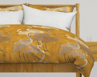Maximalism Bedding - Golden Hour Cranes by shellyreneedesigns - Art Deco Birds Boho Crane Luxe Cotton Sateen Duvet Cover OR Pillow Shams