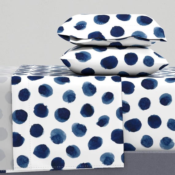 Navy Polka Dot Sheets - Watercolor Dots in Indigo by Dinamae