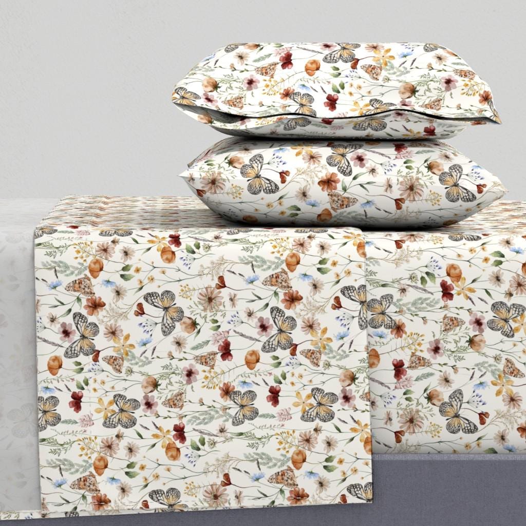 Rustic Floral Sheets - Pressed Wildflowers by utart - Neutral Botanical Garden Bloom Meadow Cotton Sateen Sheet Set Bedding by Spoonflower