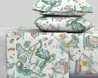 Whimsical Sheets - Coastal Travel by the_printed_square_studio - Nautical Coastal Seashells Cotton Sateen Sheet Set Bedding by Spoonflower