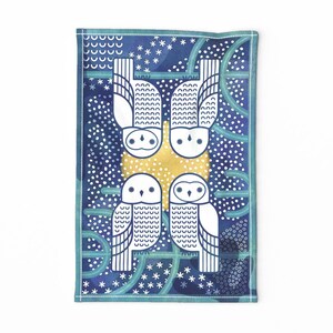 Blue Tea Towel - Snowy Owls Tea Towel by patricia_lima - White Yellow Birds Owl Owls Winter Linen Cotton Canvas Tea Towel by Spoonflower