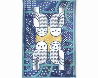 Blue Tea Towel - Snowy Owls Tea Towel by patricia_lima - White Yellow Birds Owl Owls Winter Linen Cotton Canvas Tea Towel by Spoonflower