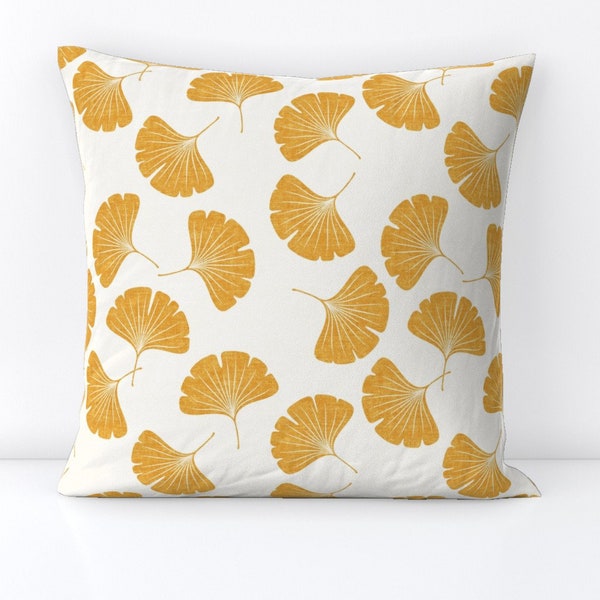 Autumn Ginkgo Throw Pillow - Ginkgo Leaves Saffron by littlearrowdesign - Mustard Gold  Decorative Square Throw Pillow by Spoonflower