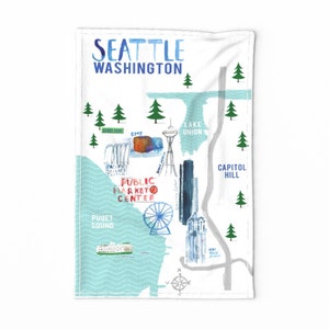 City Map Tea Towel - Seattle Tea Towel by pixabo - Puget Sound Watercolor Buildings Map Seattle Linen Cotton Canvas Tea Towel by Spoonflower