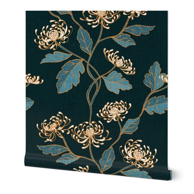 Teal Art Nouveau Wallpaper Chrysanthemum Nouveau by Etsy