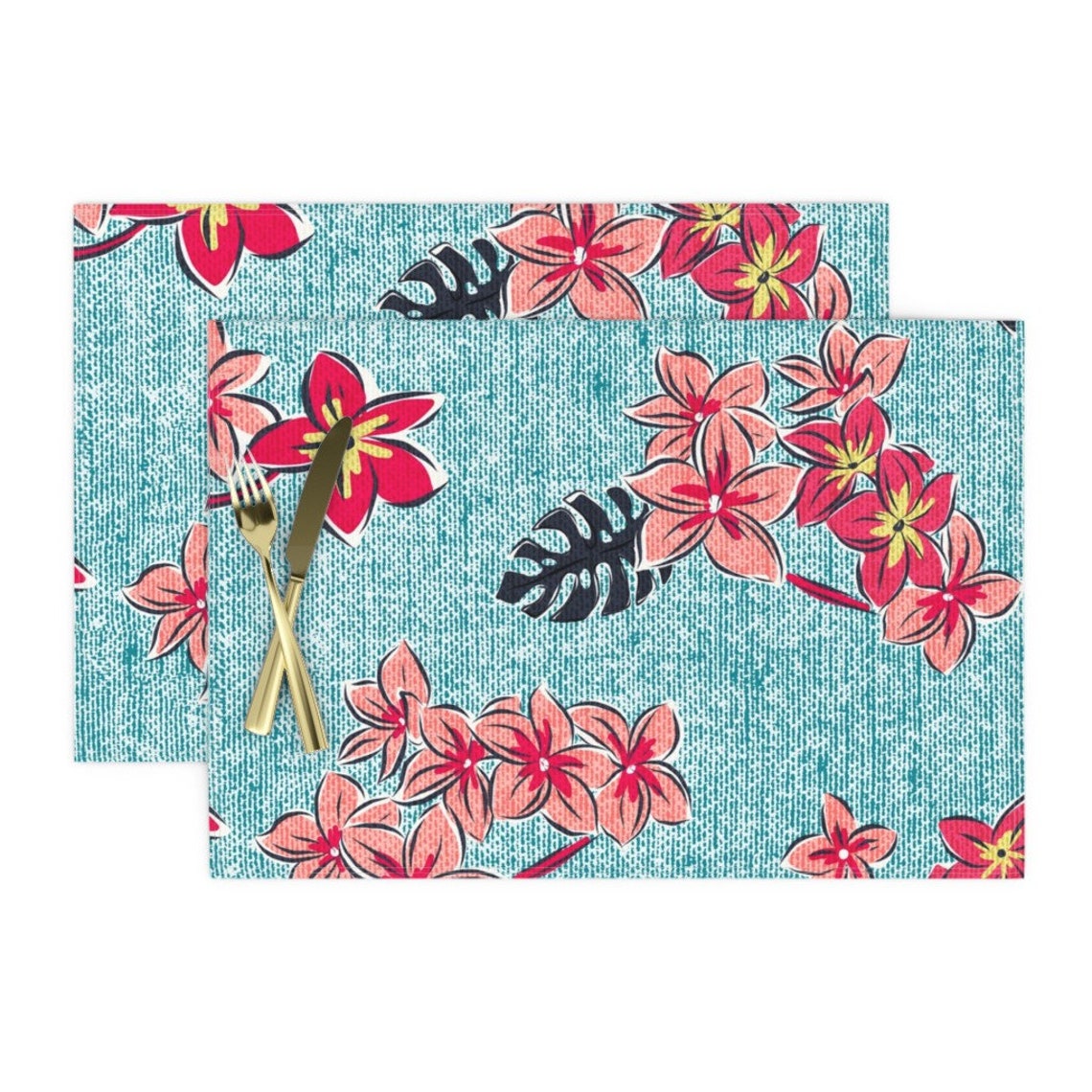 Hawaiian Placemats Set of 2 Frangipani Floral Resort Aqua Etsy