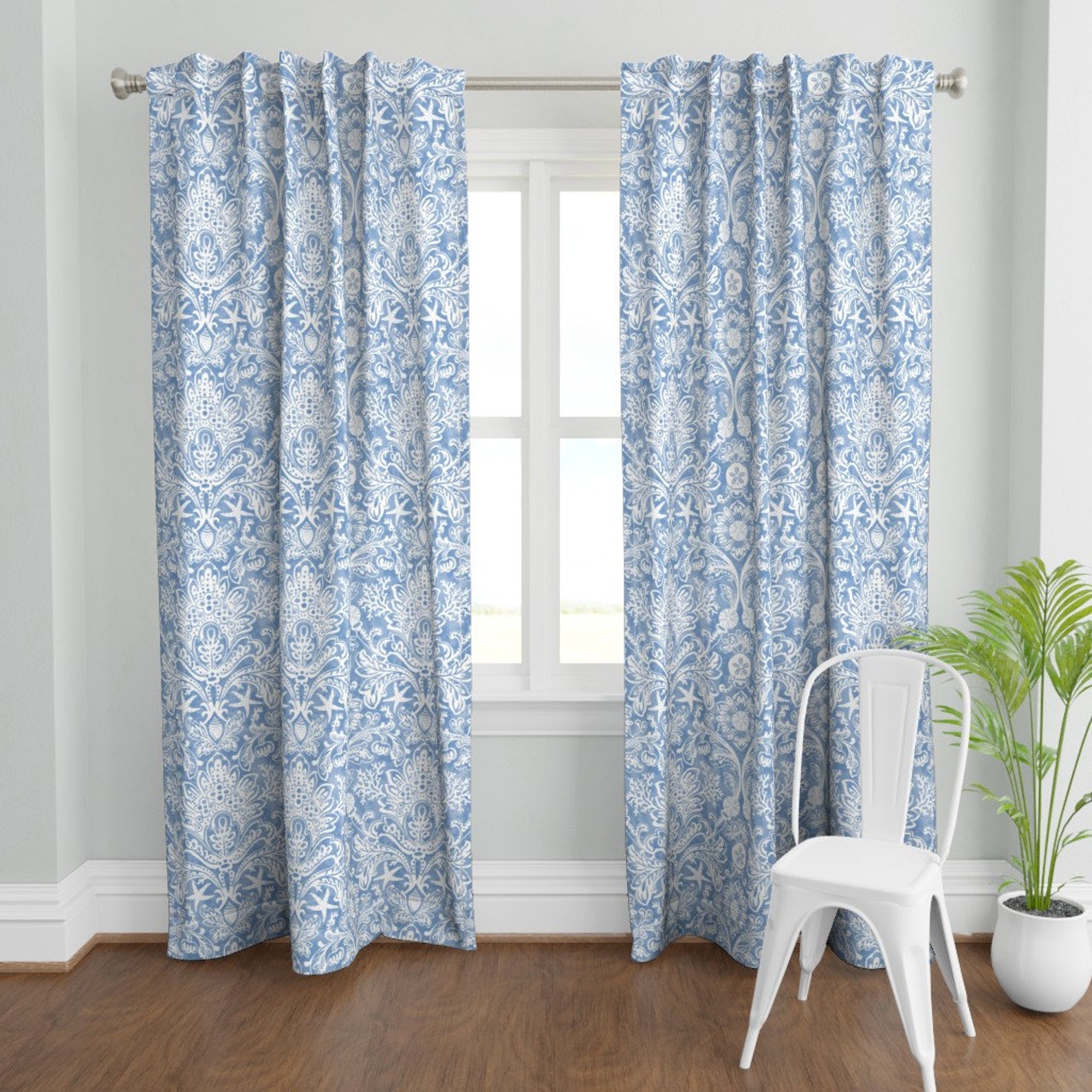 Coastal Curtain Panel Beach House Damask by - Etsy