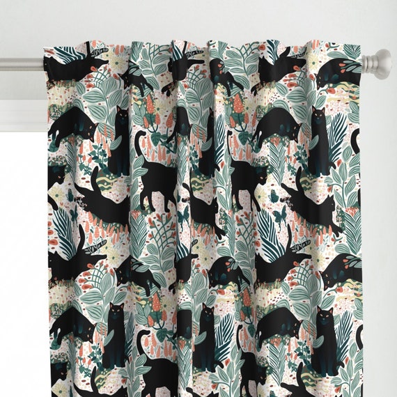 Tropical Curtain Panel - Cats Modern Garden Floral Black Cats Feline Kitten Custom Curtain Panel - Black Cats In The Garden by boszorka -