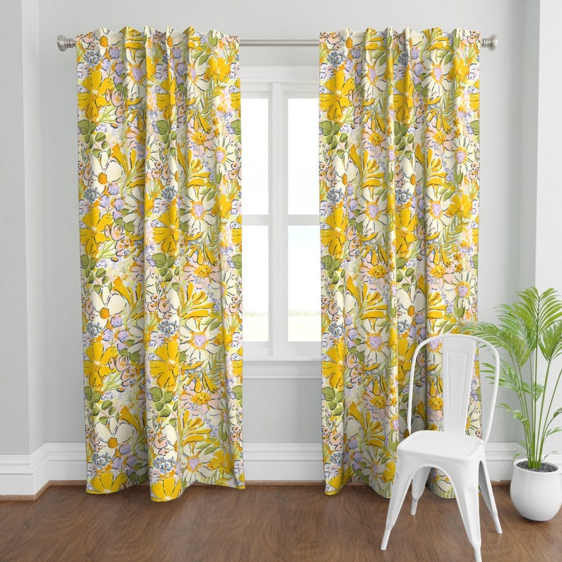 Sunny Yellow Floral Curtain Panel - Lavender Botanical Country Home ...