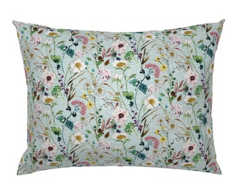 Verdure Wildflowers Minty  by nouveau_bohemian Painted Wildflowers Pillow Sham Wedding  Cotton Sateen Pillow Sham Bedding by Spoonflower
