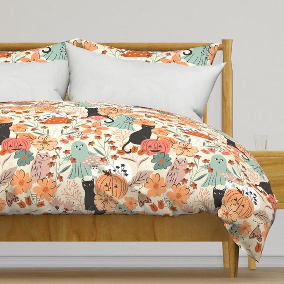 Cute Halloween Ghost Bedding - Ghosts And Pumpkin by sally_mountain - Pastel Floral Cotton Sateen Duvet Cover OR Pillow Shams by Spoonflower