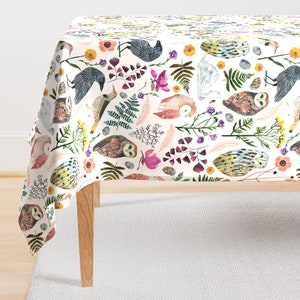 Flora And Fauna Tablecloth - Lucid Dreams Mystic by zoe_ingram - Woodland Birds Raven Owl Swan  Cotton Sateen Tablecloth by Spoonflower