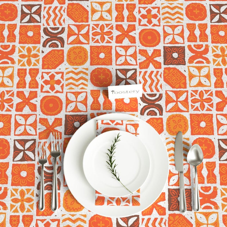 Rectangular Tablecloth UA Tapa by muhlenkott Tiki Hawaiian Tribal Red Luxe Cotton Sateen Tablecloth Spoonflower Fabric with Roostery