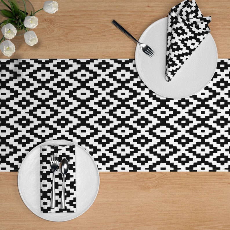 Kilim by gomboc Geometric Tribal Table Runner Black And White Kilim Inspired Cotton Sateen Table Runner by Spoonflower