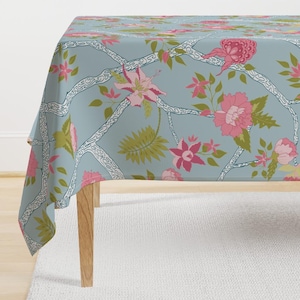 Blue Preppy Floral Tablecloth - Peony Branch Blue by danika_herrick - Blue Pink Green Spring Summer Cotton Sateen Tablecloth by Spoonflower