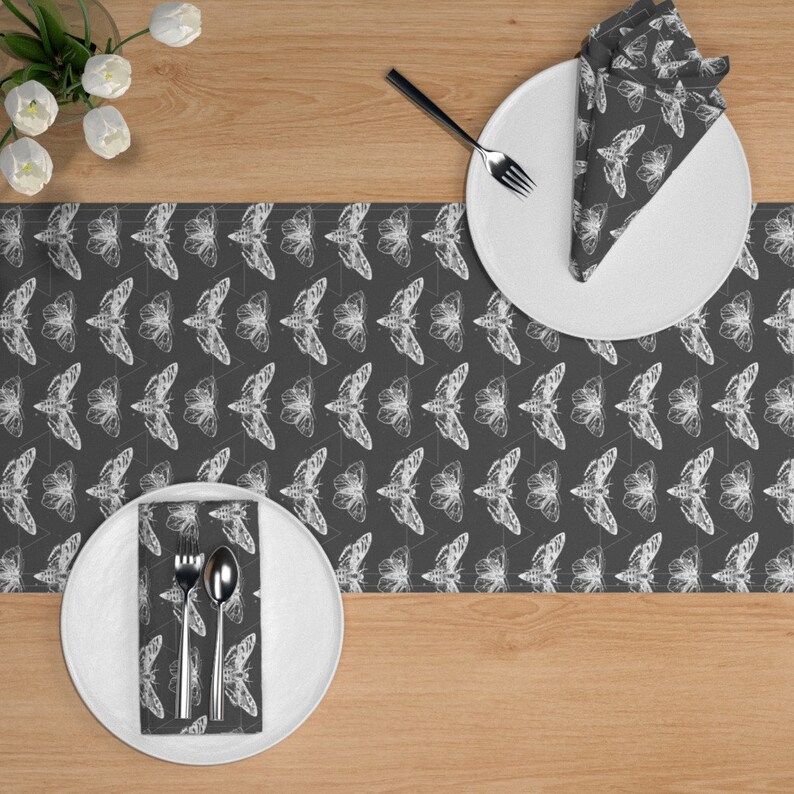 Triangles Geometric Insects Dark Cotton Sateen Table Runner by Spoonflower Moths Table Runner Geometric Moths Inverted by sam/_nagel