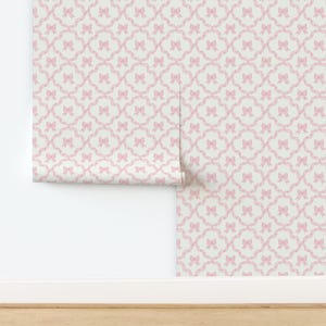 Chinoiserie Non-Pasted Wallpaper Ribbon Trellis Baby Girl Pink Bows Blush Pink - Ribbon Trellis by nessnordberg Wallpaper by Spoonflower