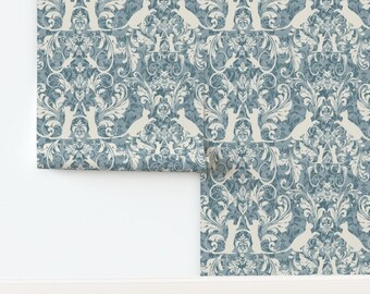 Modern Cat Damask Non-Pasted Wallpaper Denim Blue And Cream Vintage Inspired Hidden Design - Cat Damask by kociara Wallpaper by Spoonflower