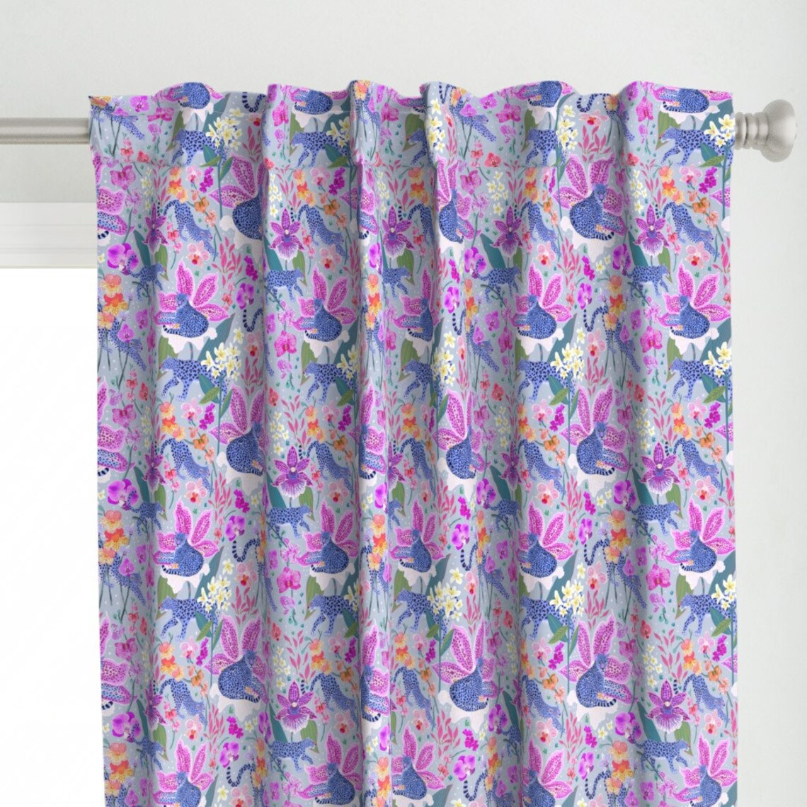 Maximalist Jungle Curtain Panel Blue Leopards in an Orchid Etsy