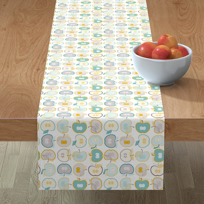 Geometric Snack Food Healthy Sfaut15 Cotton Sateen Table Runner by Spoonflower Apples In Green by heleenvanbuul Fruit Table Runner
