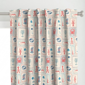 May include: A white curtain with a red and blue pattern of lobsters, crabs, and seashells. The pattern is repeated in a grid-like design.