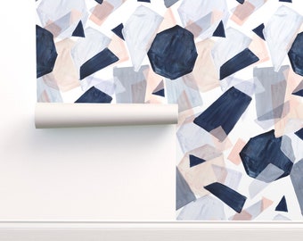 Geometric Commercial Grade Wallpaper - Geo Shapes Navy Blush by crystal_walen - Watercolor Shapes Navy Wallpaper Double Roll by Spoonflower