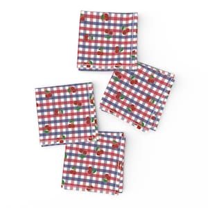 Red Cherry Cocktail Napkins (Set of 4) - Small Cherry Gingham by mariarein - Red White Blue Gingham Check Cloth Napkins by Spoonflower
