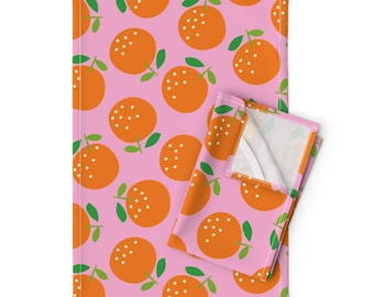 Bright Oranges Tea Towels (Set of 2) - Oranges On Pink by cerigwen - Citrus Fruit Retro Mod Mandarin Linen Cotton Tea Towels by Spoonflower