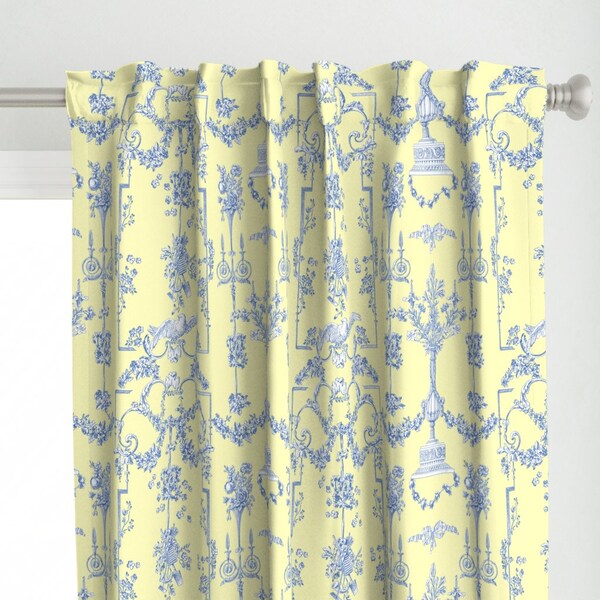 French Toile Curtain Panel - Pompadour Toile by lilyoake - Yellow Blue Chateau Toile De Jouy Wedding  Custom Curtain Panel by Spoonflower