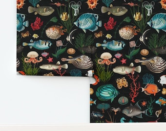 Coastal Marine Non-Pasted Wallpaper Ocean Life Nautical - Oceania In Black by delinda_graphic_studio Wallpaper Double Roll by Spoonflower