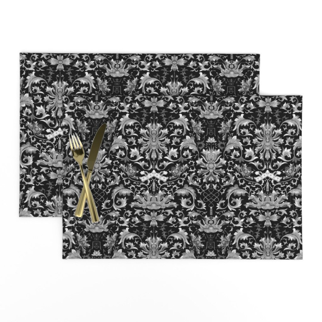 Gothic Antique Placemats set of 2 Black and White Chinoiserie by