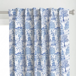 Chinoiserie Curtain Panel - Pagoda Forest Blues by danika_herrick - Blue White Toile Pagoda Landscape Custom Curtain Panel by Spoonflower