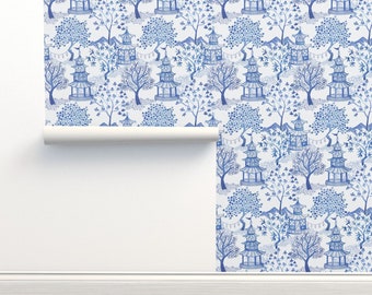 Chinoiserie Commercial Grade Wallpaper - Pagoda Forest Blues by danika_herrick - Blue White Toile Wallpaper Double Roll by Spoonflower