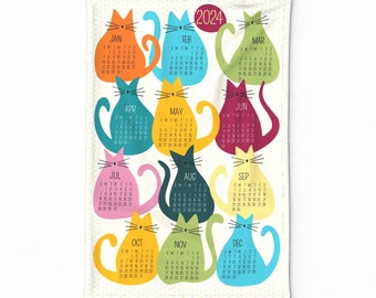 Retro Cats Tea Towel - Bohemian Cat Calendar by luciafontes - 2024 Calendar Tea Towel Calendar Linen Cotton Canvas Tea Towel by Spoonflower