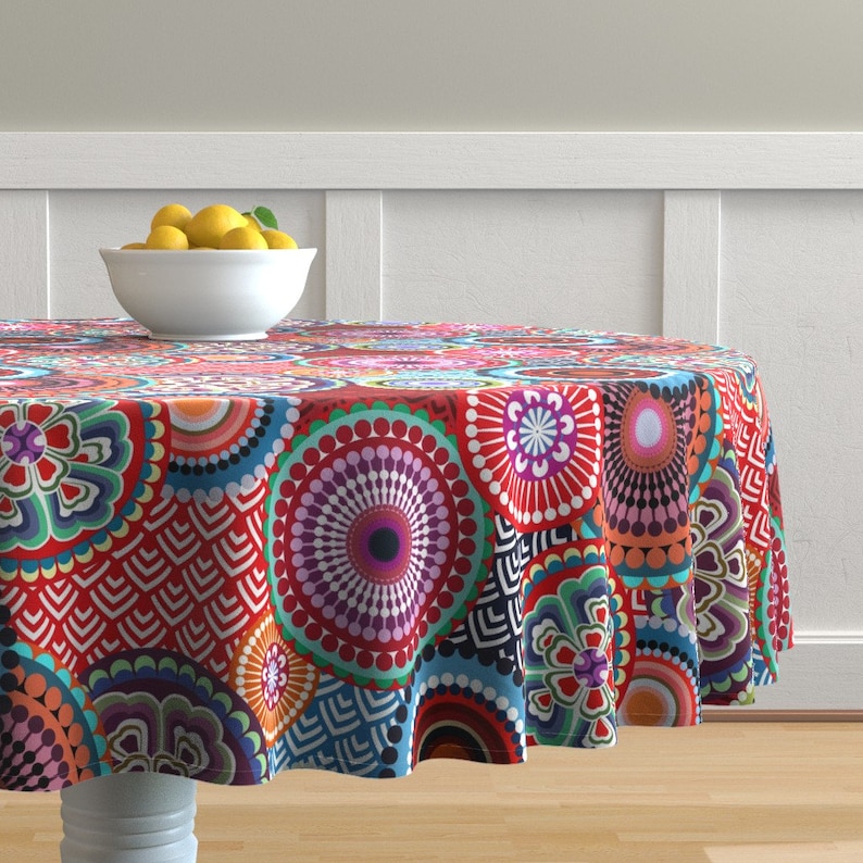 Asian Inspired Round Tablecloth Eclectic Flowers by Etsy