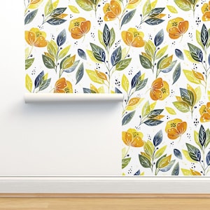Yellow Flower Non-Pasted Wallpaper - Watercolor Florals On White  by elena_naylor - Mustard Gold Leaves Wallpaper Double Roll by Spoonflower