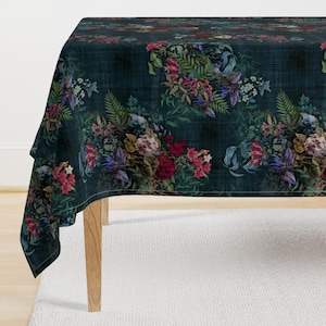 Moody Floral Tablecloth - Murky Garden  by kmaz - Romantic Botanical Dark Gothic Traditional Cotton Sateen Tablecloth by Spoonflower