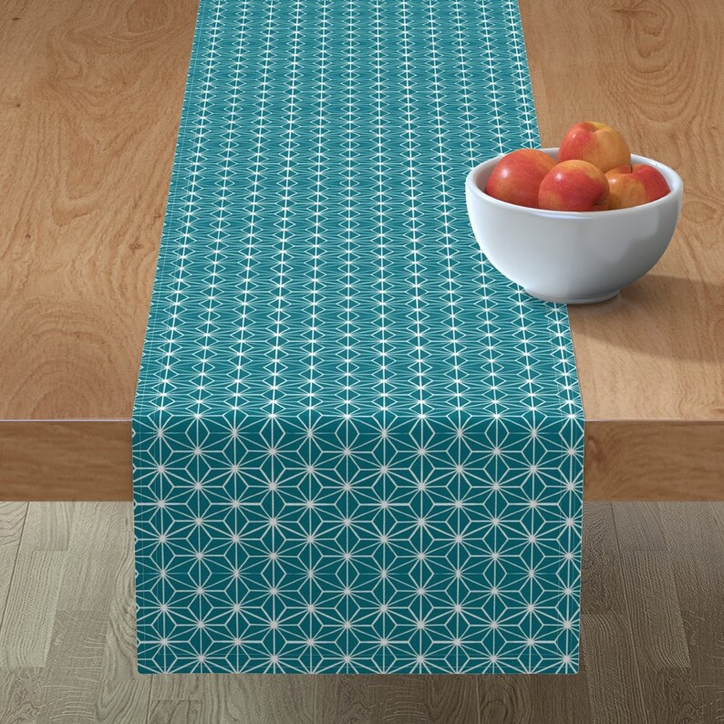 Mid Modern Century Tiles Teal Cotton Sateen Table Runner by Spoonflower Geometric Star Table Runner Star Tile In Teal by thistleandfox