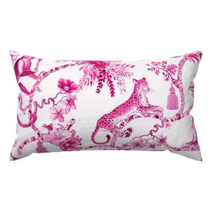 Maximalist Vintage Lumbar Pillow - Chinoiserie by pattern_garden - Bright Pink Hot Pink Toile Leopard Monkey Rectangle Accent Throw Pillow