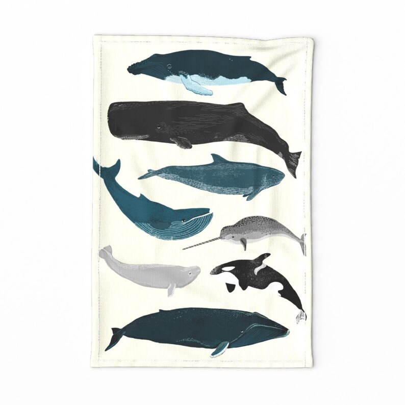 Whales by andrea/_lauren Whale Tea Towel Narwhal  Orca Nautical Ocean Animal Illustration Linen Cotton Canvas Tea Towel by Spoonflower