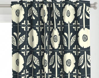 Patchwork Curtain Panel - Cheater Quilt Modern Farmhouse Scandi Bold Floral Boho Custom Curtain Panel - Modern Flower Quilt by kathryncole -