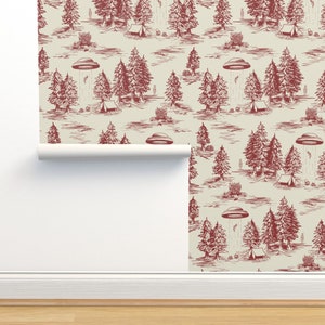 Alien Abduktions Tapete ohne Kleister - Alien Abduktion Toile von somecallmebeth - Rote Toile Ufo Tapete Doppelrolle von Spoonflower