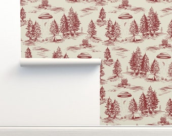 Alien Abduction vliesbehang Red Toile Ufo - Alien Abduction Toile van somecallmebeth Double Roll van Spoonflower