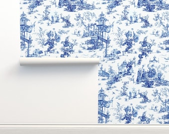 Chinoiserie Non-Pasted Wallpaper Blue White Vintage Toile Traditional - Manchurian Toile by eti_enne Wallpaper Double Roll by Spoonflower