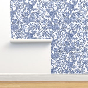 Chintz Floral Commercial Grade Wallpaper - Dutch Ware by peacoquettedesigns - Blue White Cobalt White Wallpaper Double Roll by Spoonflower