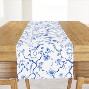 Chinoiserie Table Runner - Little Pagoda by pattern_garden - Elegant Blue And White Hand Painted Cotton Sateen Table Runner by Spoonflower